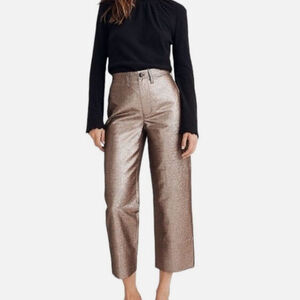 Eva Castillo Beige rose Gold Metallic Wide Leg Cropped Pants large Tan Pants